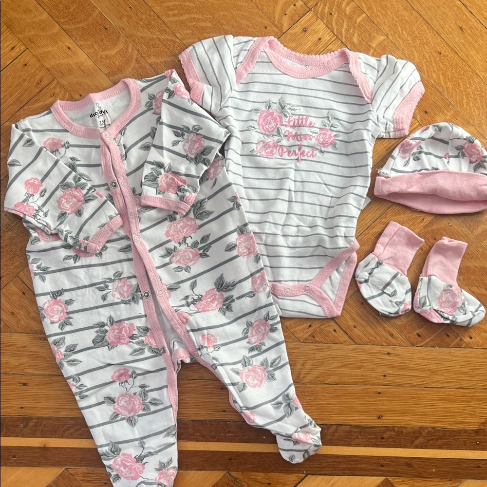 Pink and White Floral Striped Baby One Piece Set